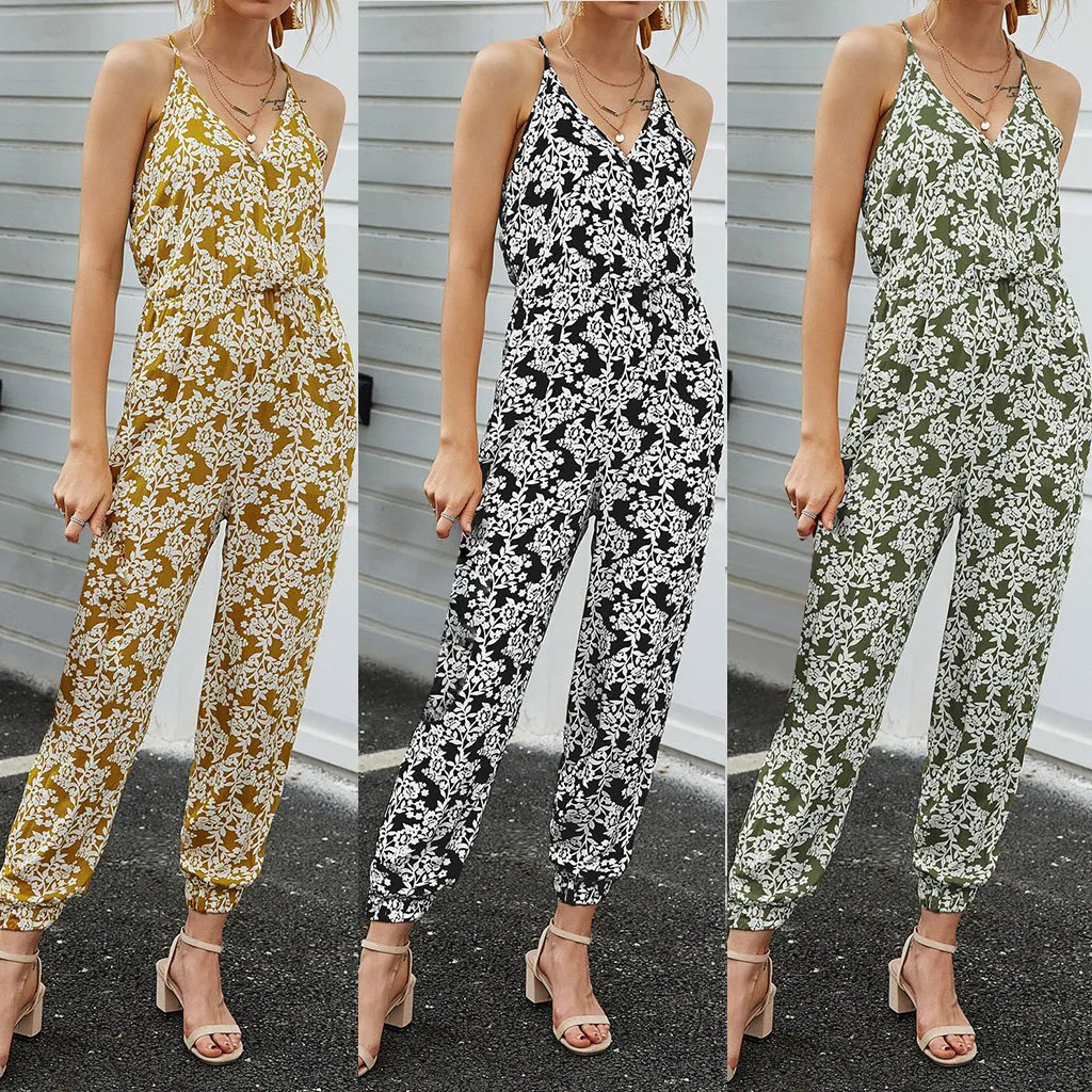 Женский свободный комбинезон без рукавов длинный с V образным вырезом карманами