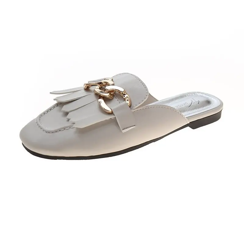

Cover Toe Female Shoes Loafers Slippers Flat Rivet Mules For Women 2021 Slides New Square Metal Decoration Retro Rubber PU