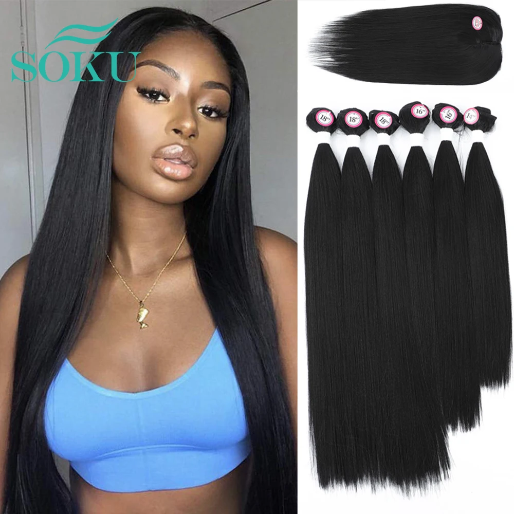 

Synthetic Closure Weaving Bundle Hair Black Color Weave Bundles SOKU Nature Straight Hair Extensions 6 Bundles With Closure