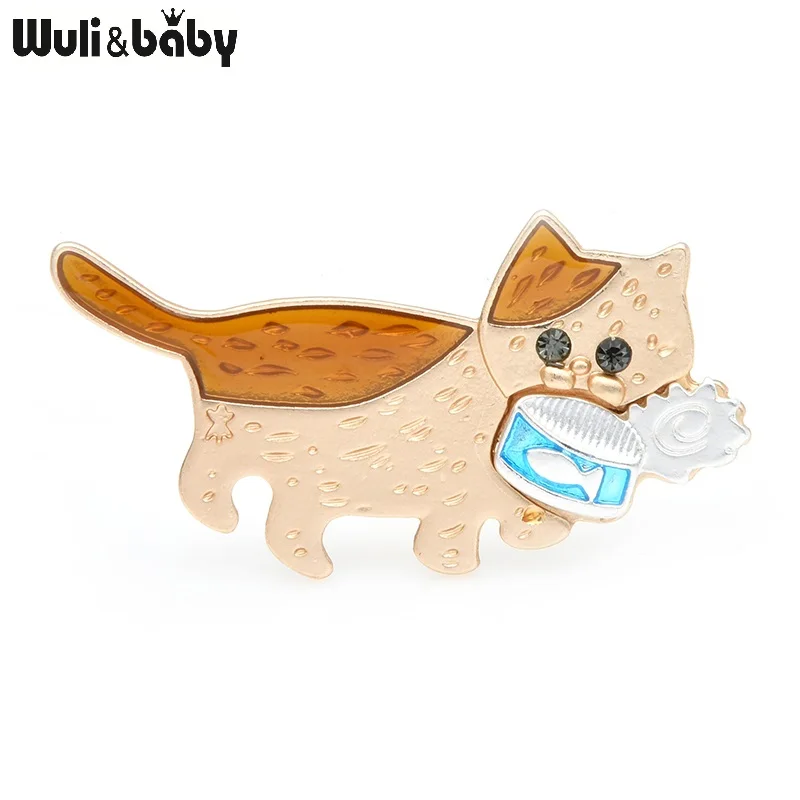 Wuli &amp baby брошь в виде милый кот ест рыбу-может Броши для женщин 2 цвета эмалью с