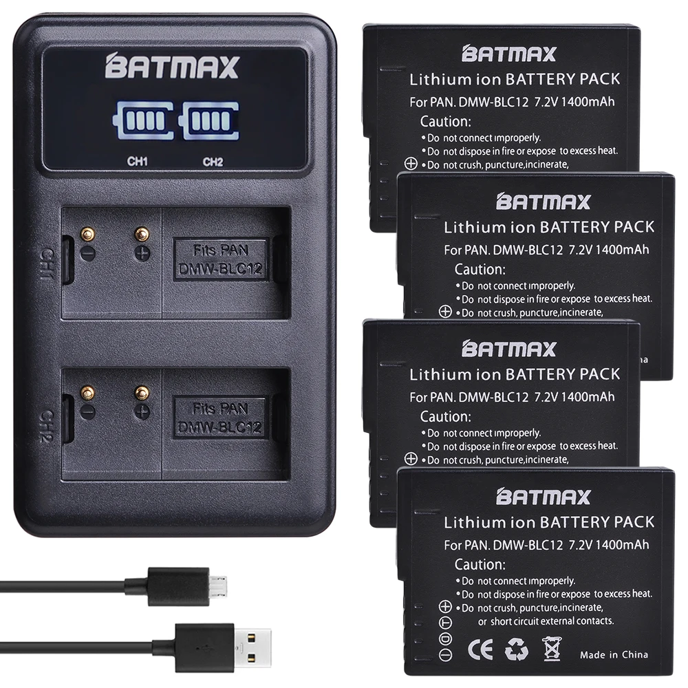 4battery with charge Batmax DMW-BLC12 DMW BLC12E BLC12PP батарея+ светодиодный USB двойной зарядное устройство для Panasonic Lumix FZ1000, FZ200, FZ300, G5, G6, G7, GH2, DMC-GX8 - Цвет: 4battery with charge