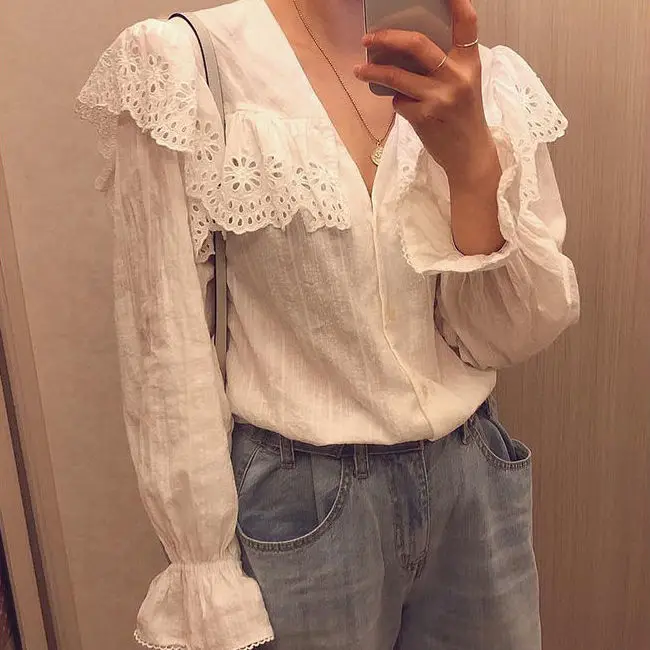 

Zoulv Women Blouses Long Sleeve Elegant Top Women's top Casual Shirts 2021 Spring Lady's Lace Patchwork Sweet White Blouse