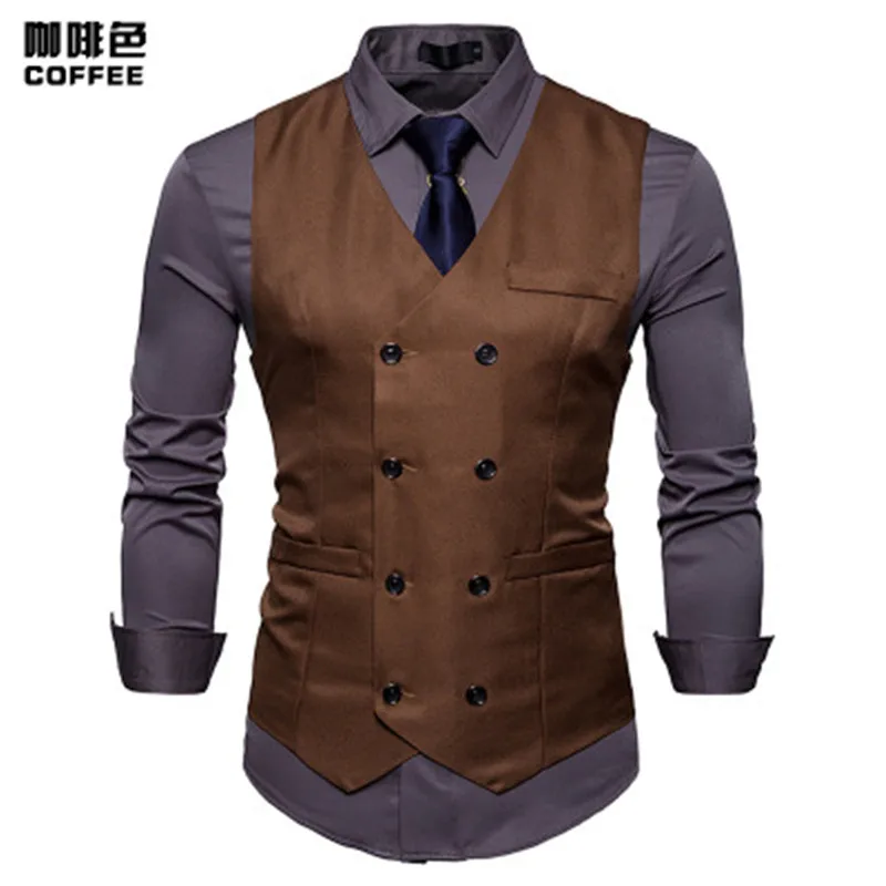 

Brand Mens Double Breasted Suit Vest 2021 Fashion Slim Fit Sleeveless Waistcoat Men Business Wedding Vests Gilet Costume Homme