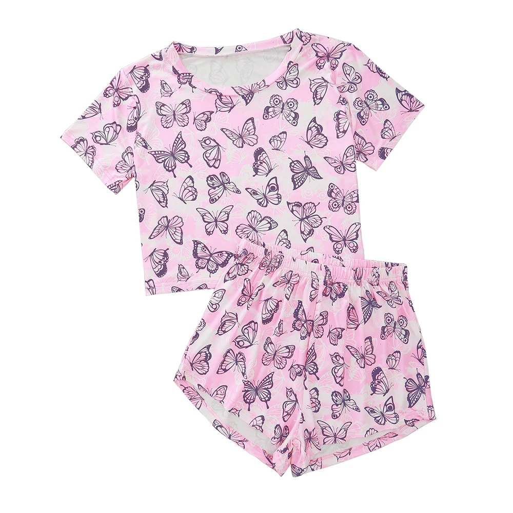

Summer Pink Girls Homewear Butterfly Print 2pcs Pajama Sets Sweet Short Sleeve Top and Shorts Casual Women Nightwear Suits