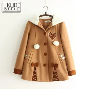 Худи женское в стиле Харадзюку, плюшевое мягкое шерстяное пальто с капюшоном и вышивкой в японском стиле, милая Свободная куртка с бантом, для зимы