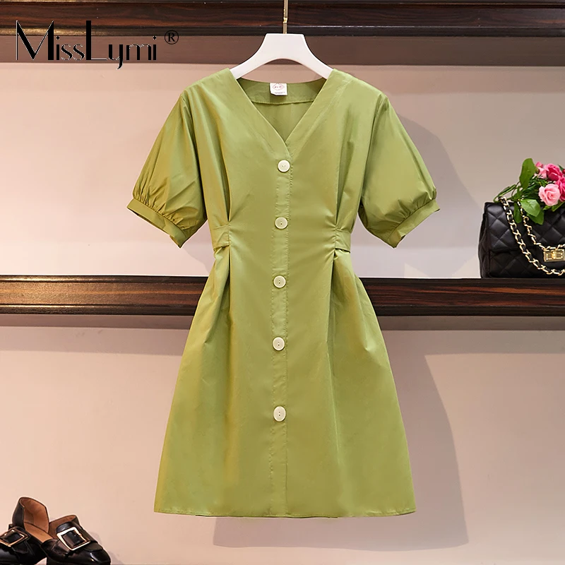 

MissLymi L-4XL Plus Size Women V-neck Lace-Up Elegantes Dress Green Summer 2021 Korean Fashion Short Sleeve Retro Bandage Dress