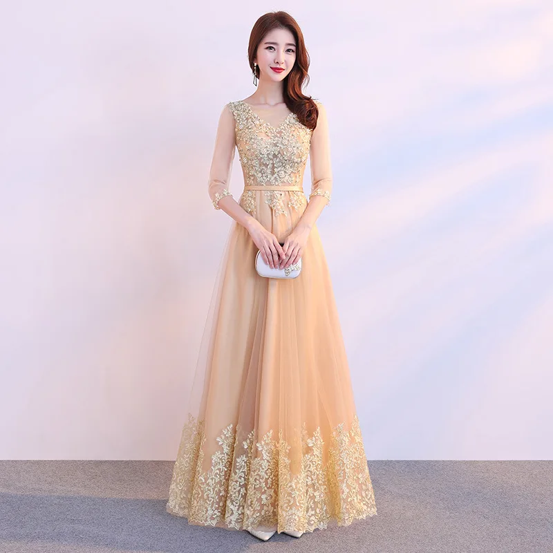 

Exquisite Appliques Lady Evening Dress Autumn New Elegant Bridesmaid Wedding Prom Gown Large Size 3XL Pleated Dresses Mesh Skirt