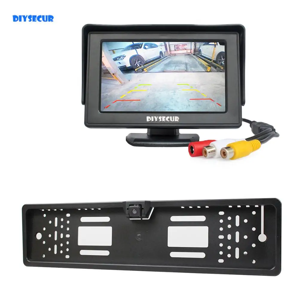 

DIYSECUR Waterproof European Car License Plate Frame Rear View Backup Camera + 4.3 inch LCD Display Car Monitor Free Video Cable