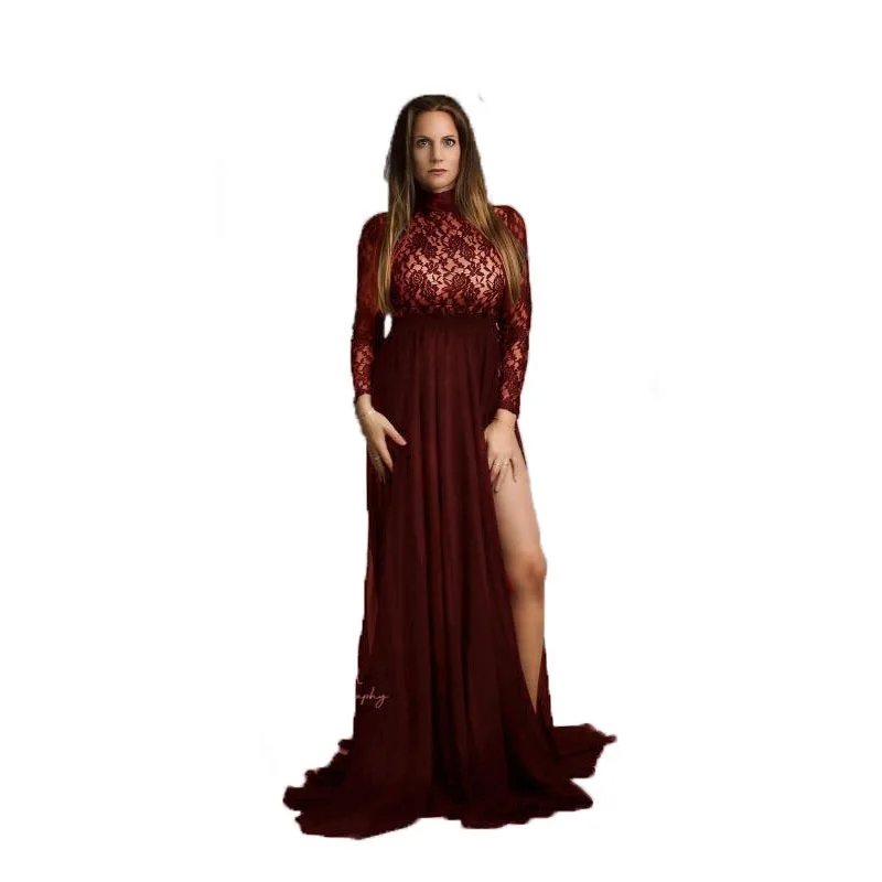 

Elegant Full Sleeve Maternity Maxi Gown Dresses for Photo Shoot Sexy Lace Bodysuit+High Split Pregnancy Skirt Photography Gown