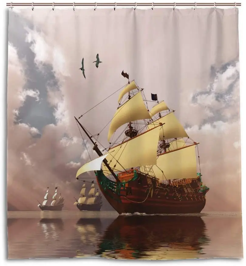 

Bathroom Ancient Ships Three Tall Full Sail Polyester Fabric Curtain