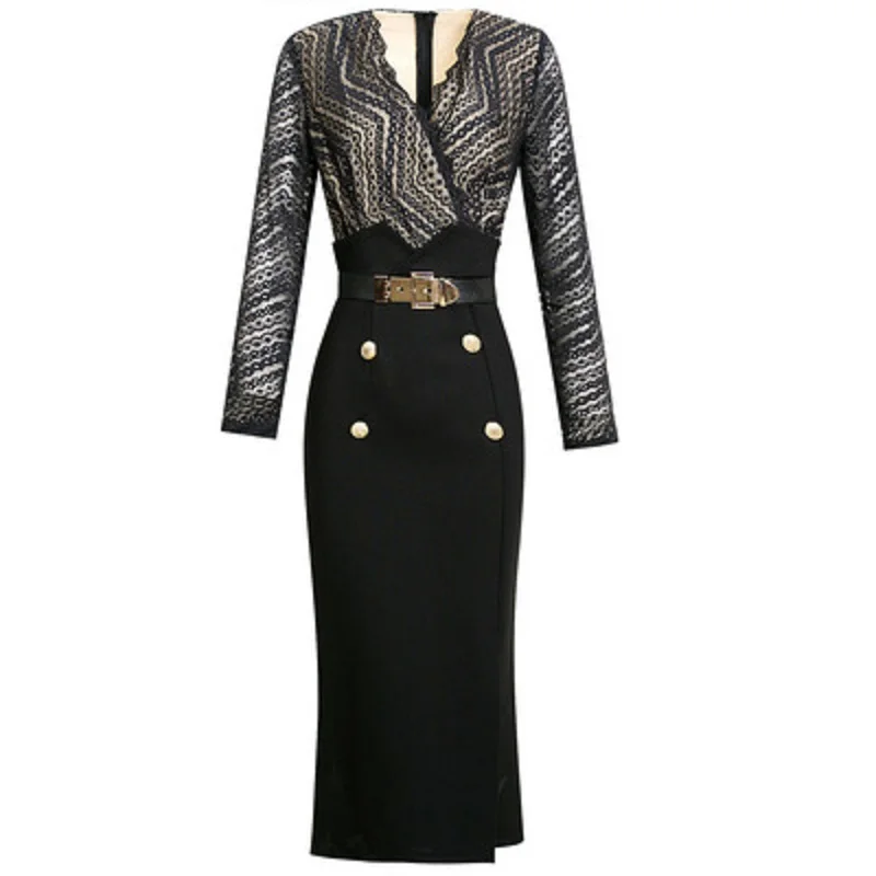 

Office lady slim New Solid 2021 Autumn Spring dress women's V-neck print stitching split professional patchwork skirt with belt