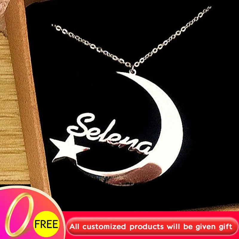 

Custom Name Necklace Collier Personalized Crescent Moon And Star Nameplate Necklace Bijoux Femme Stainless Steel Romantic Gift
