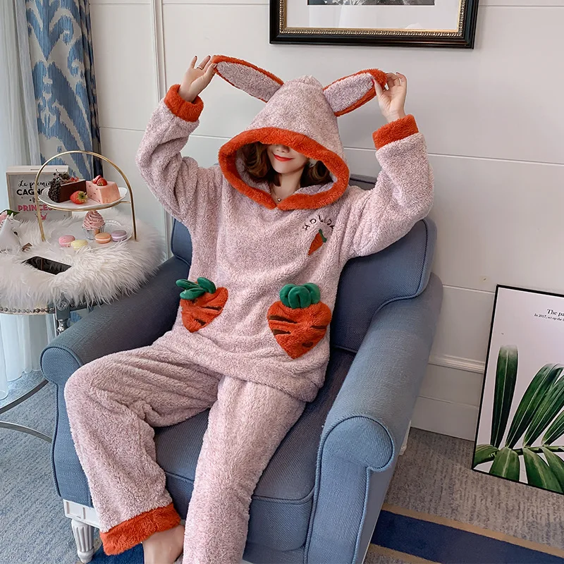 Женский пижамный комплект толстая Фланелевая пижама кораллового цвета с длинным