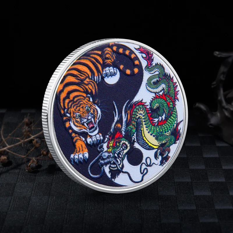 

Auspicious By Dragon and Tiger Painted Commemorative Coins Ancient Chinese Beasts Mascot Lucky Badge Metal Crafts Souvenir Gift