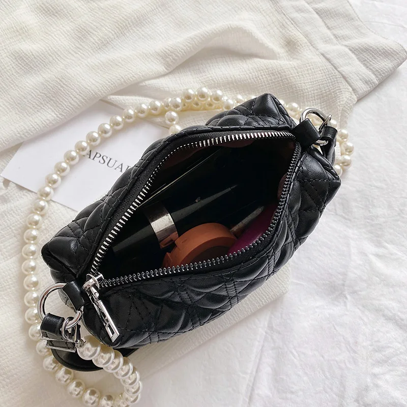 

Small Quilted Pearl Women Crossbody Bags Simple Square Messenger Bag Female Lattice Letter Handbags Summer White Shoulder Bags