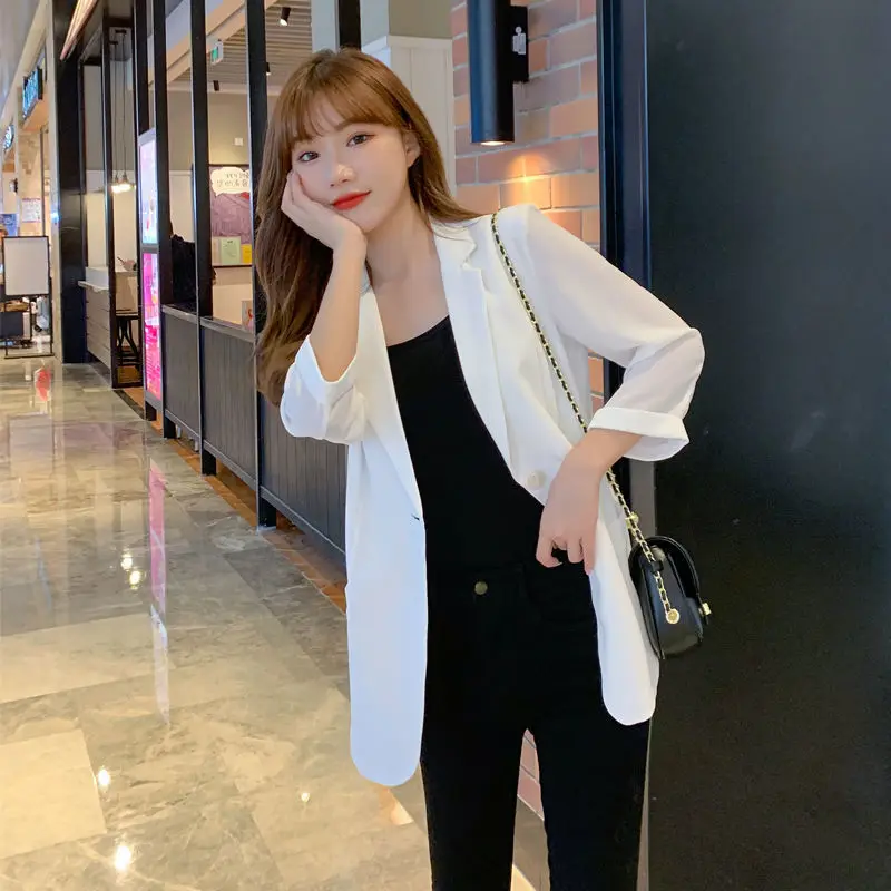 

PEONFLY Women's suit jacket summer new style fashion white seven-point sleeve office ladies casual suit short paragraph blazer