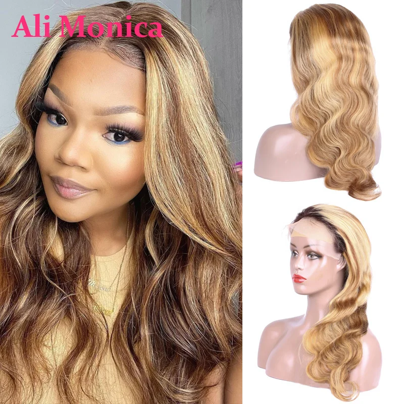 Ali Monica выгодная парик омбре 13x4 волна тела кружевная фронтальная парик из человеческих волос без клея 13x6 для женщин длинный 32 дюйма.