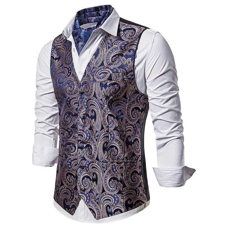 

Paisley Waistcoat Luxury Brand Business Wedding Wave Pattern Tuxedo Suit Dress Vest For Men Slim Fit Gilet Homme Costume