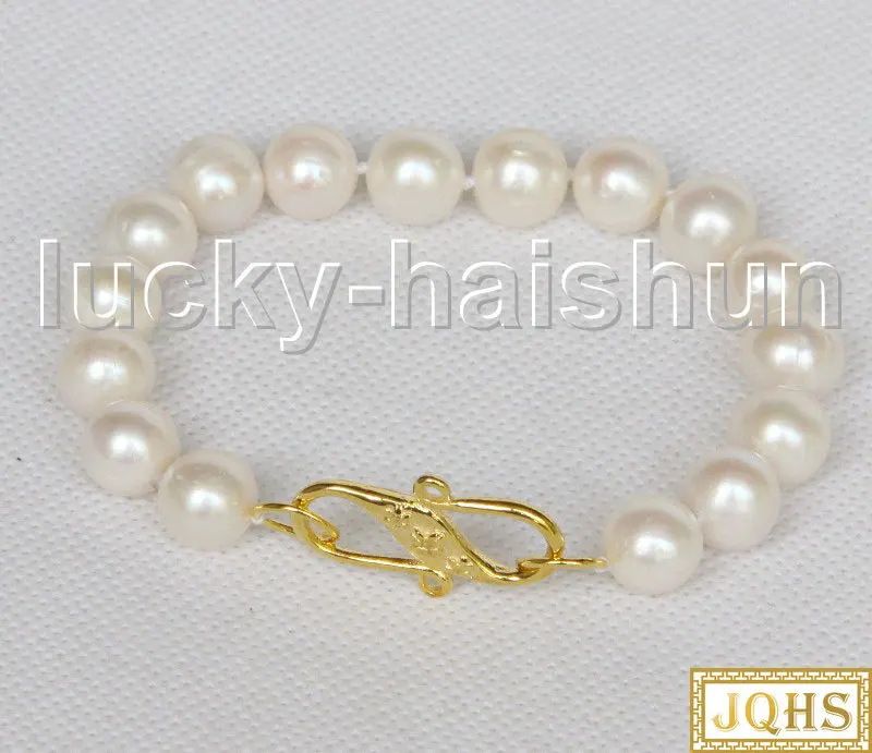 

JQHS 8" 11mm round white freshwater pearls Beaded Strand knotted bracelet j11569