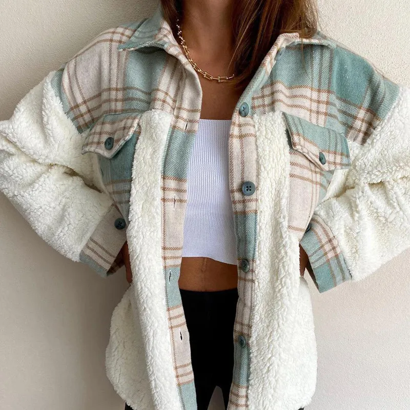 

2020 Autumn Winter Plaid Printed Cashmere Wool Jacket Women Coat Single Breasted Casual Long Sleeve Turn Down Collar Jackets