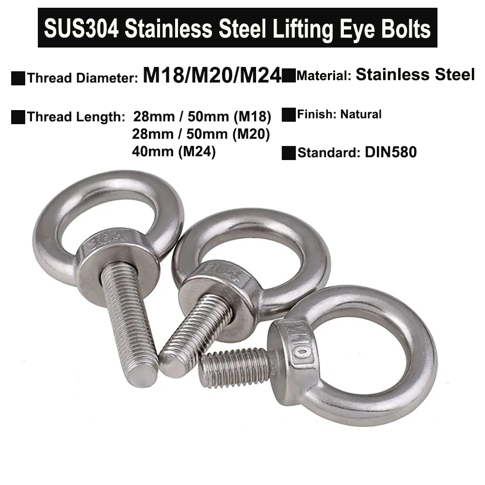 

Болты подъемные из нержавеющей стали M18/M20/M24/SUS304, кольцевые болты с удлиненной резьбой, глазные винты DIN580, 1 шт.