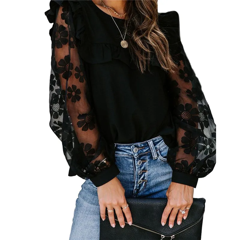 

Womens Tops and Blouses Elegant Sexy Long Sleeve Black Lace OL Shirt Ladies Solid Color chemise femme blusa feminina Streetwear