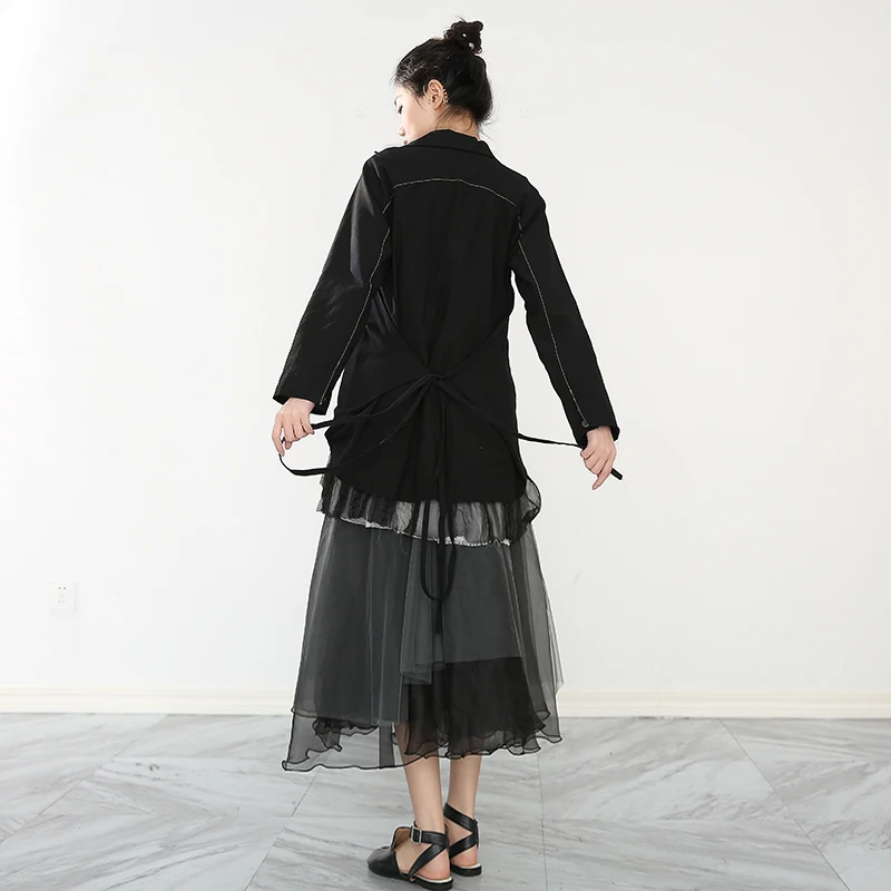 

[EAM] Women Mesh Asymmetrical Blazer New Notched Collar Long Sleeve Loose Fit Jacket Fashion Tide Spring Autumn 2021 1DD317501