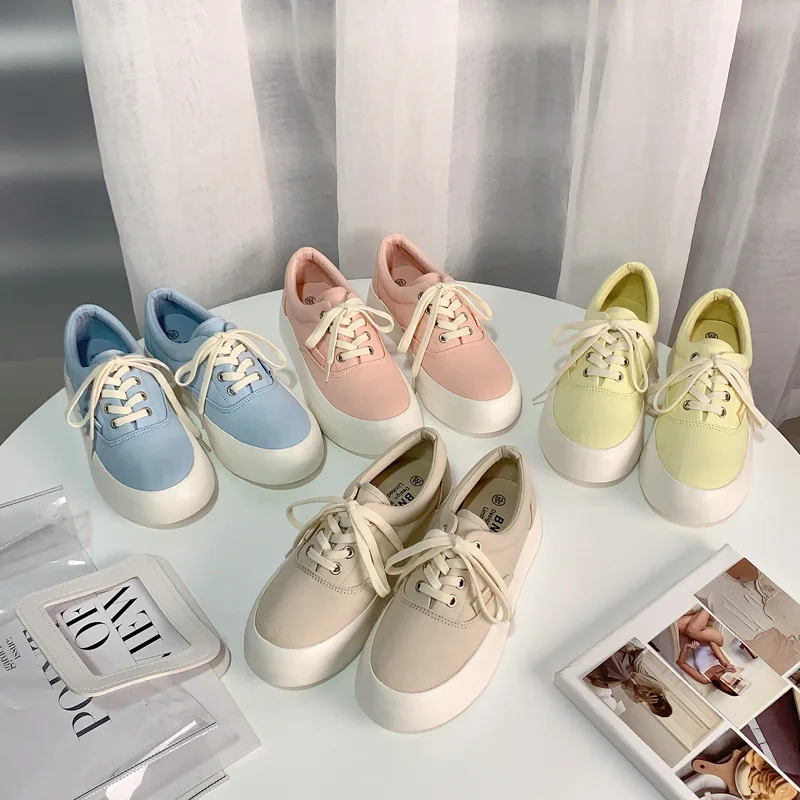 

Big Head Shoes Female 2021 Spring Summer New Korean Candy Color Girl Canvas Shoes Solid Color Thick Soled Shoes Pink Sneaker