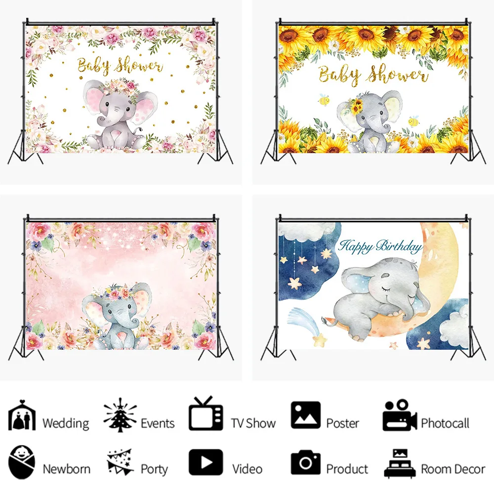 

Spring Flowers Cute Little Elephant Pink Backdrop Kids Birthday Party Room Decoration Photo Baby Newborn Bath Custom Background
