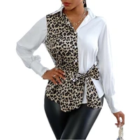 2021 womens new fall lapels leopard print shirts slim fit splicing white cardigan waist t shirt ladies turn down collar blouse