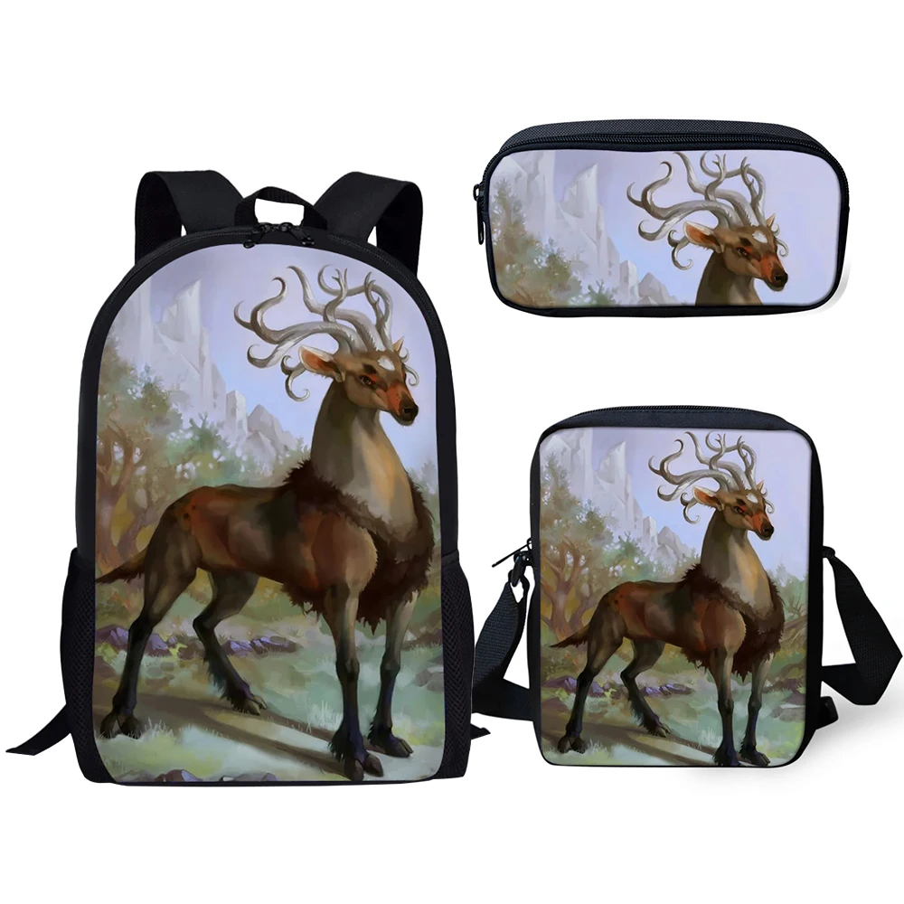 HaoYun 3PCs Set Kids School Backpack Art Fantasy Deer Pattern School Book Bags Kawaii Animal Students Backpack/Flaps Bag/Pen Bag