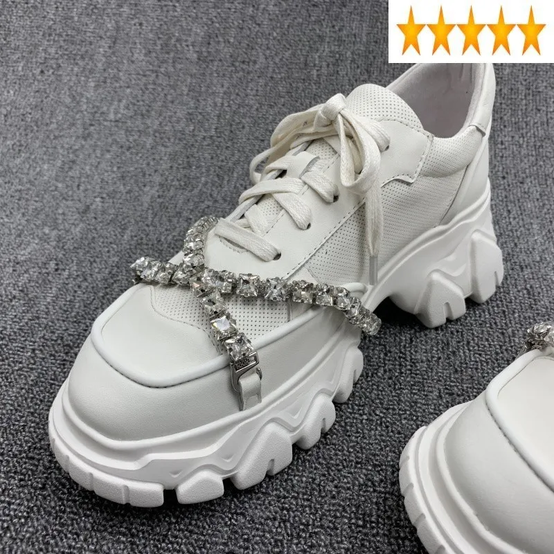 

Women Cross Diamonds Straps Designer Platform Brand Genuine Leather Sneakers Ladies Harajuku Wedges Lace Up Joggers Shoes