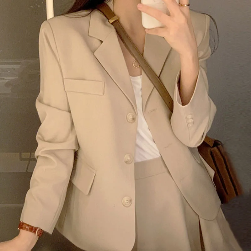 

Pinkou Women Fashion Khaki Blazer Suit Single Breasted Jacket Mini Skirt Solid Female Chic Office Wear Autumn Set TZ30