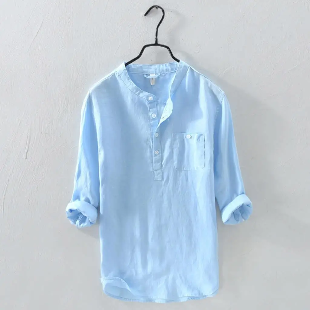 2021 Men's Cotton and Linen Casual Shirt Men's Long Sleeves Fashion Standing Collar Solid Color Large Size Shirt Mens Shirts