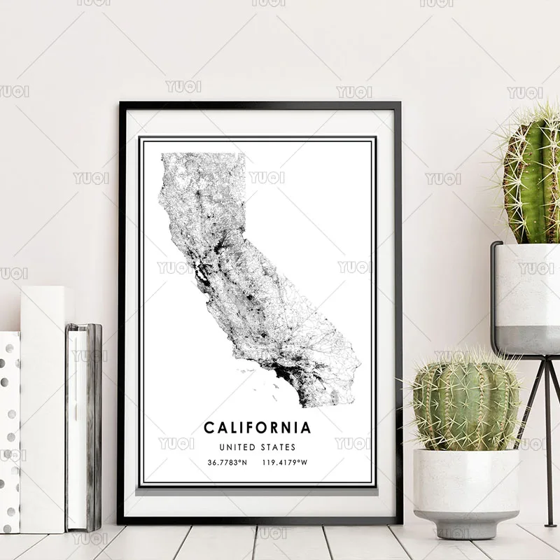 

CALIFORNIA World City CALI Map Black White MapPoster Picture Art Canvas Painting