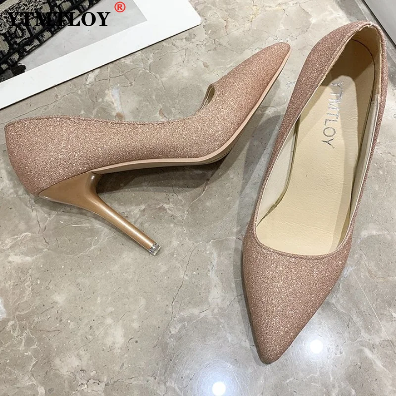 

Туфли-лодочки женские на высоком каблуке, заостренный носок, блестящие пикантные свадебные туфли, золотистые, серебристые, розовые