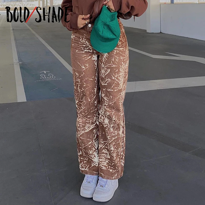 

Bold Shade 90s Grunge Vintage Fashion Denim Jeans High Waist Printing Women Skater Style Trousers Y2K Indie Street Trend Jeans