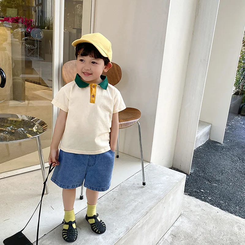 

Kids Beige Polo Shirt Boys Cotton Casual Breathable Tops Short Sleeve T Shirts Summer Children School Clothes for 2 To 10 Years