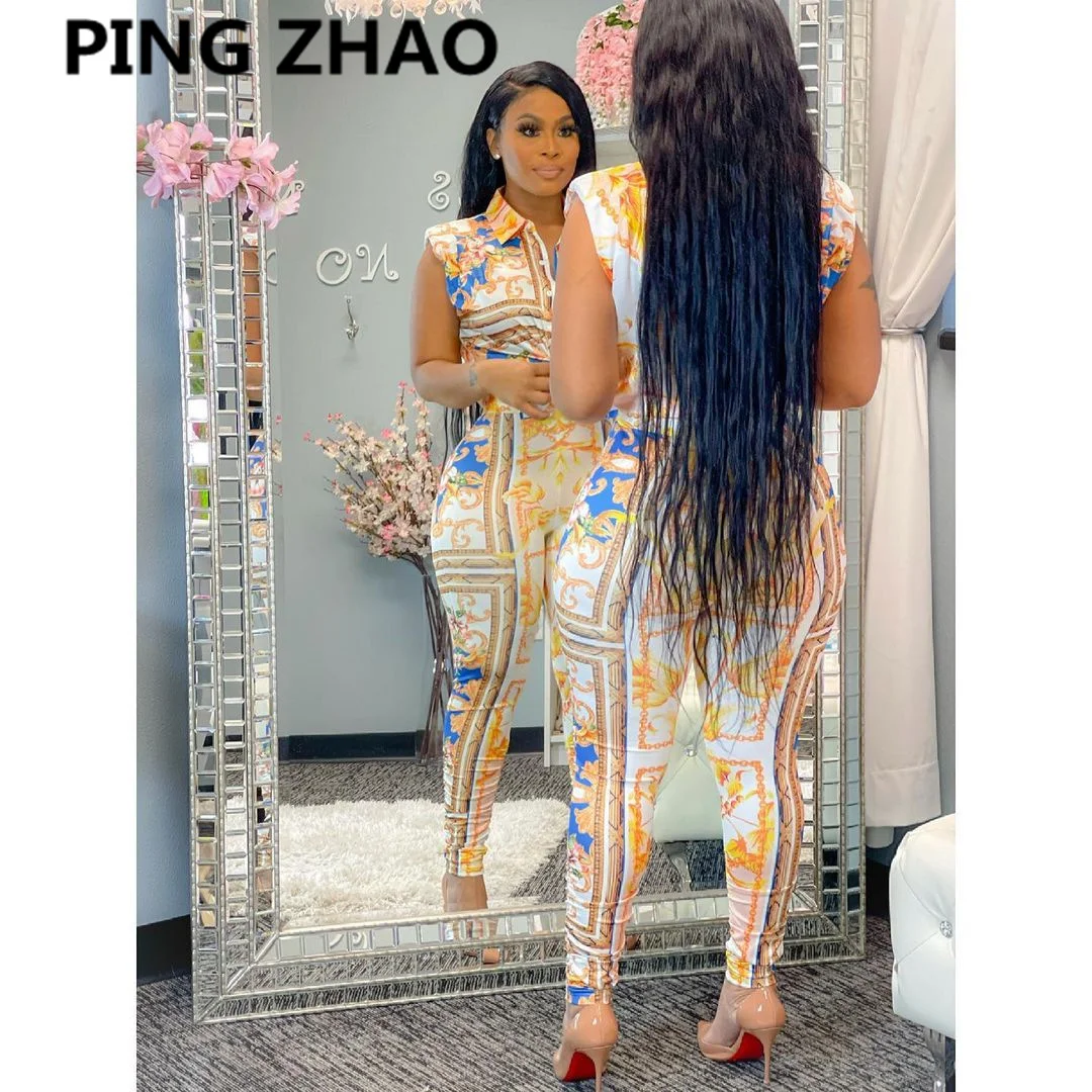 

PING ZHAO Women Set Print Sleeveless Turn-down Topse Sheath Elastic Long Legging Pants 2 Two Piece Set Fashion Outfit 2021