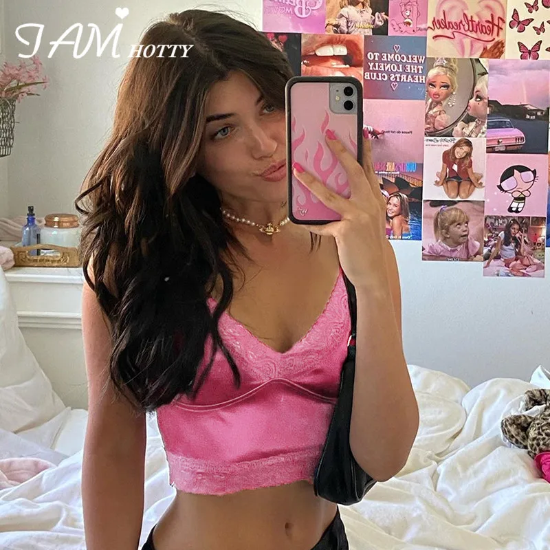 Iamhotty 90s эстетический лоскутный Кружевной укороченный Топ для женщин Harajuku