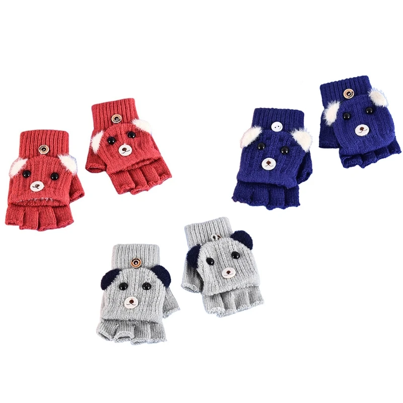 

Knitted Mittens with Flip Top Half Finger Cartoon Dog Gloves Stretchy Gloves L5YB