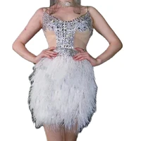sleeveless halter women net yarn perspective dress white feather sparkling rhinestones short dresses nightclub singer dance wear