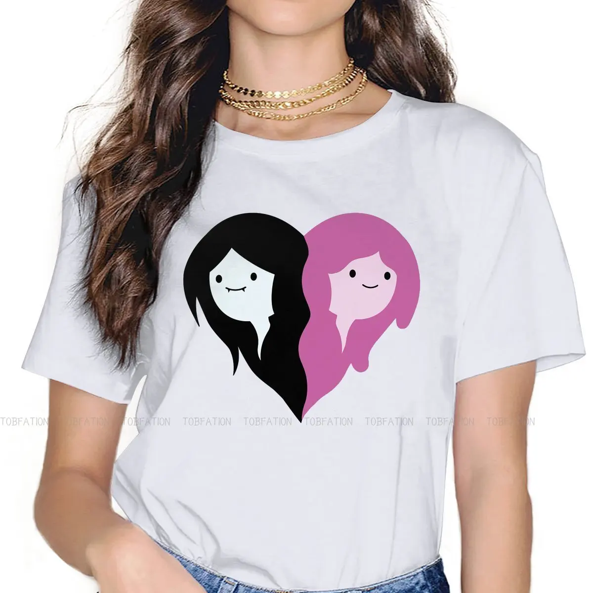 

Футболка Marceline И Bubblegum для девочек, приключение времени, Финн и Джейк, топы из мультфильма, модная женская футболка, хлопковая свободная футб...