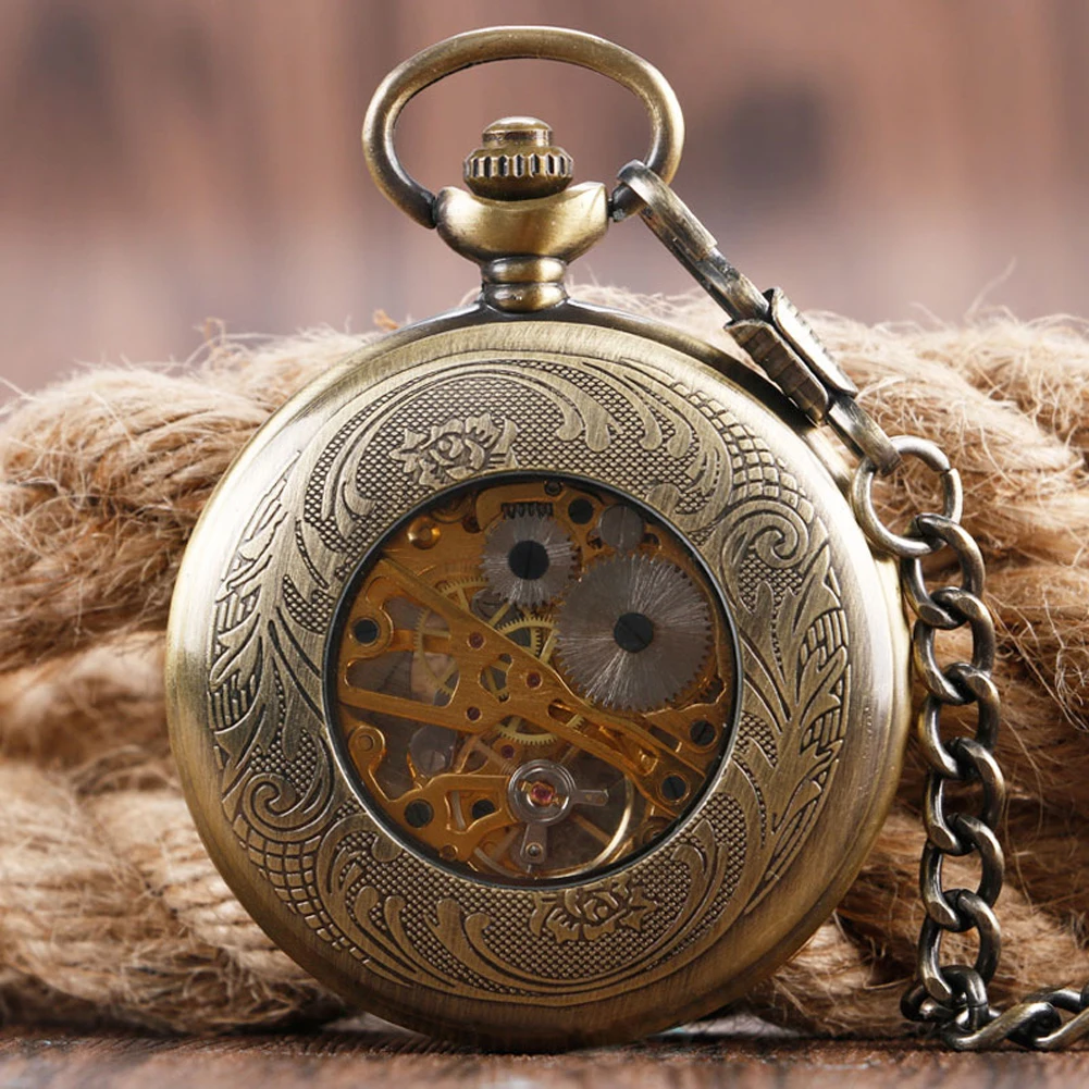 Retro Bronze Hollow Circles Display Mechanical Hand Winding Pocket Watch Roman Numerals Luxury Manual Mechanical Timepiece Gift
