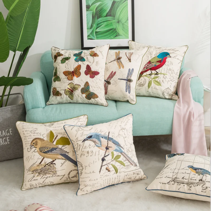

Тканевый чехол для подушки с вышитыми цветами и птицами в американском стиле, яркий цвет, наволочка для дивана
