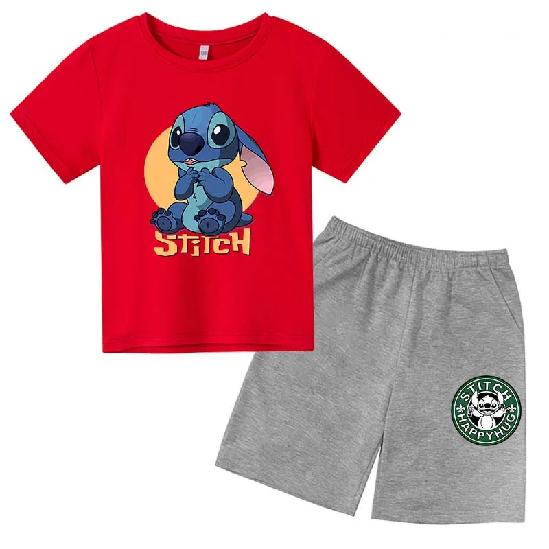 

Stitch Cartoon Suit 100% Cotton Children's Short-sleeved Suit Toddler Girl Boy Boy T-shirt + Shorts 2-piece Sports Suit