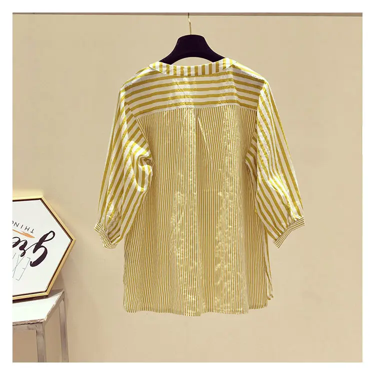 

New 2021 Spring Autumn Korean Women Loose Stripe Shirt Femme Casual Pockets V-neck Tshirts Clothing Plus Size Blouses Tops