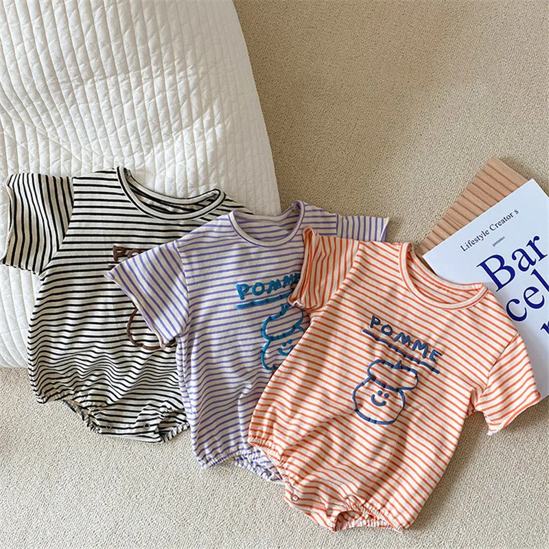 

Summer 2021 New Baby Clothes Striped Cartoon Short Sleeve Bodysuits For Boys and Girls Cotton Loose Toddler Rompers