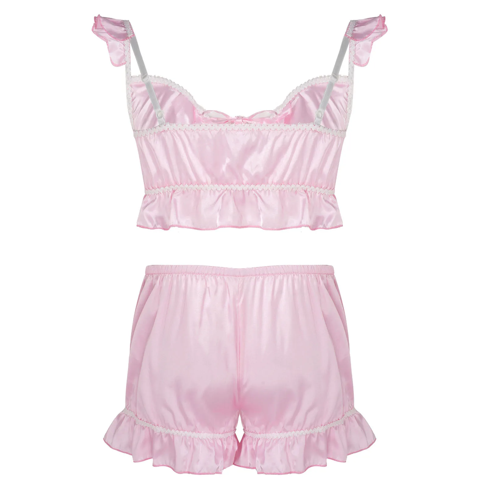 Mens Erotic Sissy Nightwear Satin Lingerie Set Lace-up Front Ruffled Bra Top with Shorts Sexy Underwear Sets