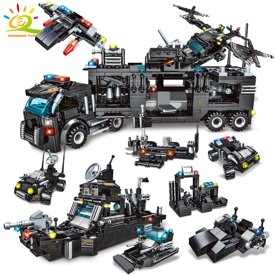 

HUIQIBAO 8in3 SWAT Aircraft Command Truck Building Blocks City Police Weapon Boat Vehicle Bricks Construction Toys For Children